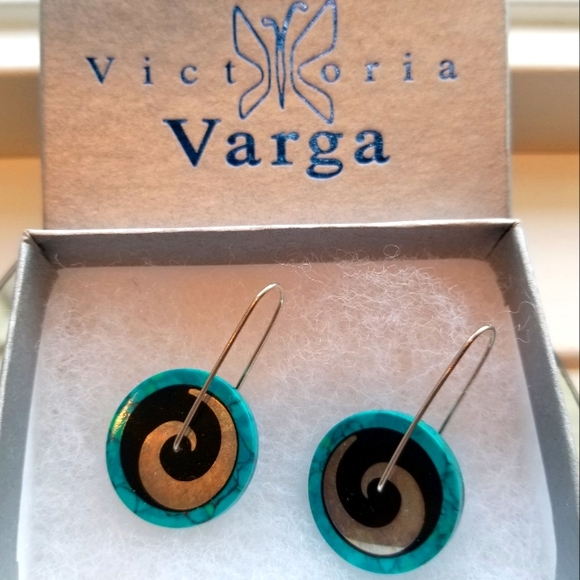 Victoria Varga Spinning Pinwheel Silver, Turquoisr & Black Hanging Earrings - Picture 2 of 9